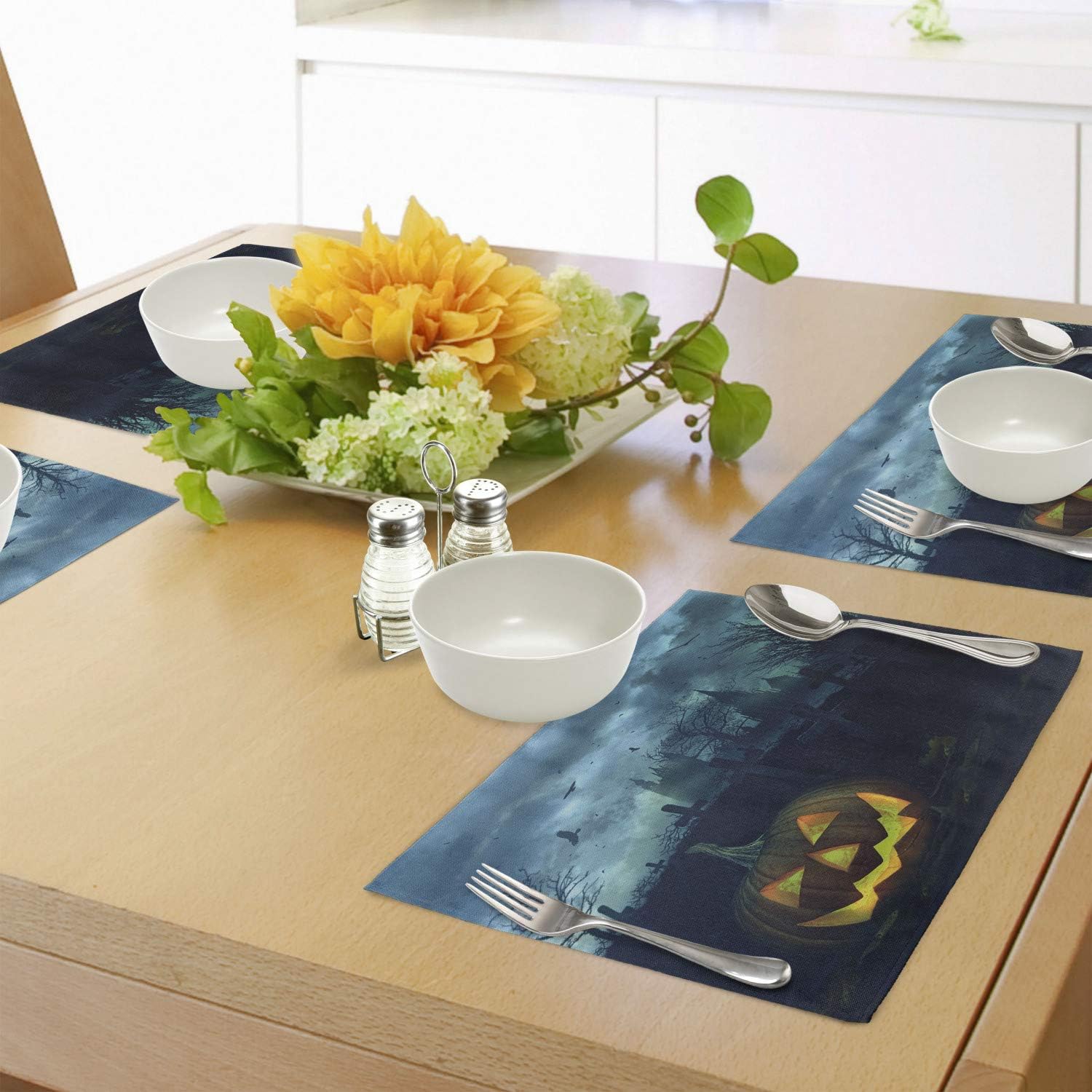 Lunarable Halloween Place Mats Set of 4, Halloween Pumpkin in Spooky Graveyard Eerie Gloomy Stormy Atmosphere, Washable Fabric Placemats for Dining Room Kitchen Table Decor, Petrol Blue Yellow
