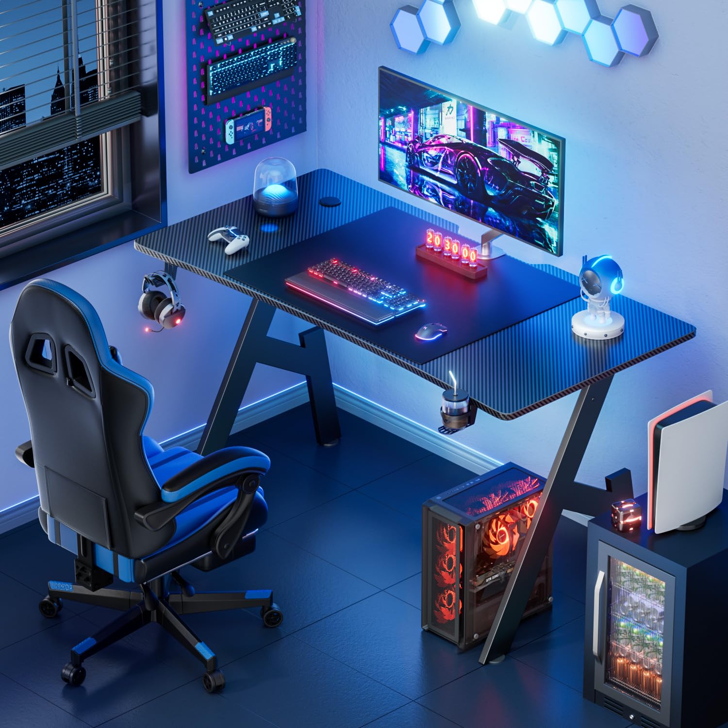 HLFURNIEU 120 x 60 cm Bureau Gaming, Bureau Gamer Informatique Ergonomique, Table Gaming en Fibre de Carbone, Gamer Desk avec Porte Gobelet et Crochet pour Casque, Noir