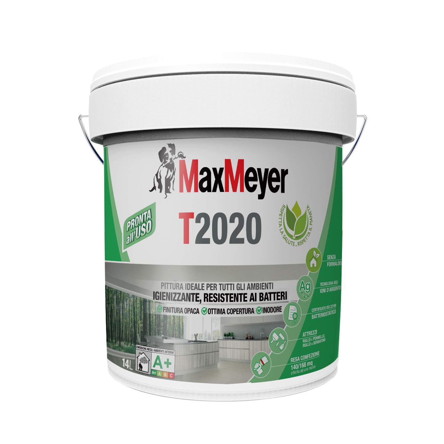 Maxmeyer 165368L580001 - Pintura para interiores transpirable T2020 higienizante, resistente a las bacterias, color blanco, 14 L, 14