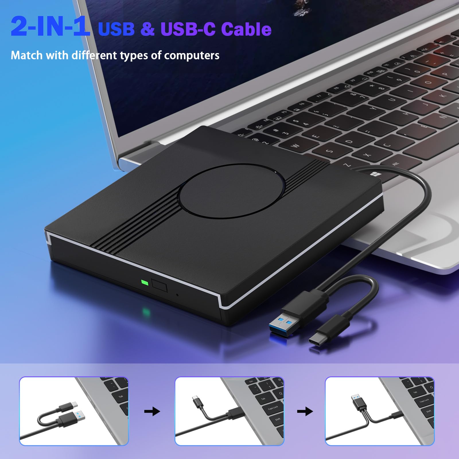 Wbacon RGB External CD/DVD Drive for Laptop, External CD Drive USB 3.0 Type-C Portable DVD Player, CD Burner +/-RW Optical Drive, Slim CD ROM External Drive for Laptop Desktop PC Windows Mac (Black) — view 5