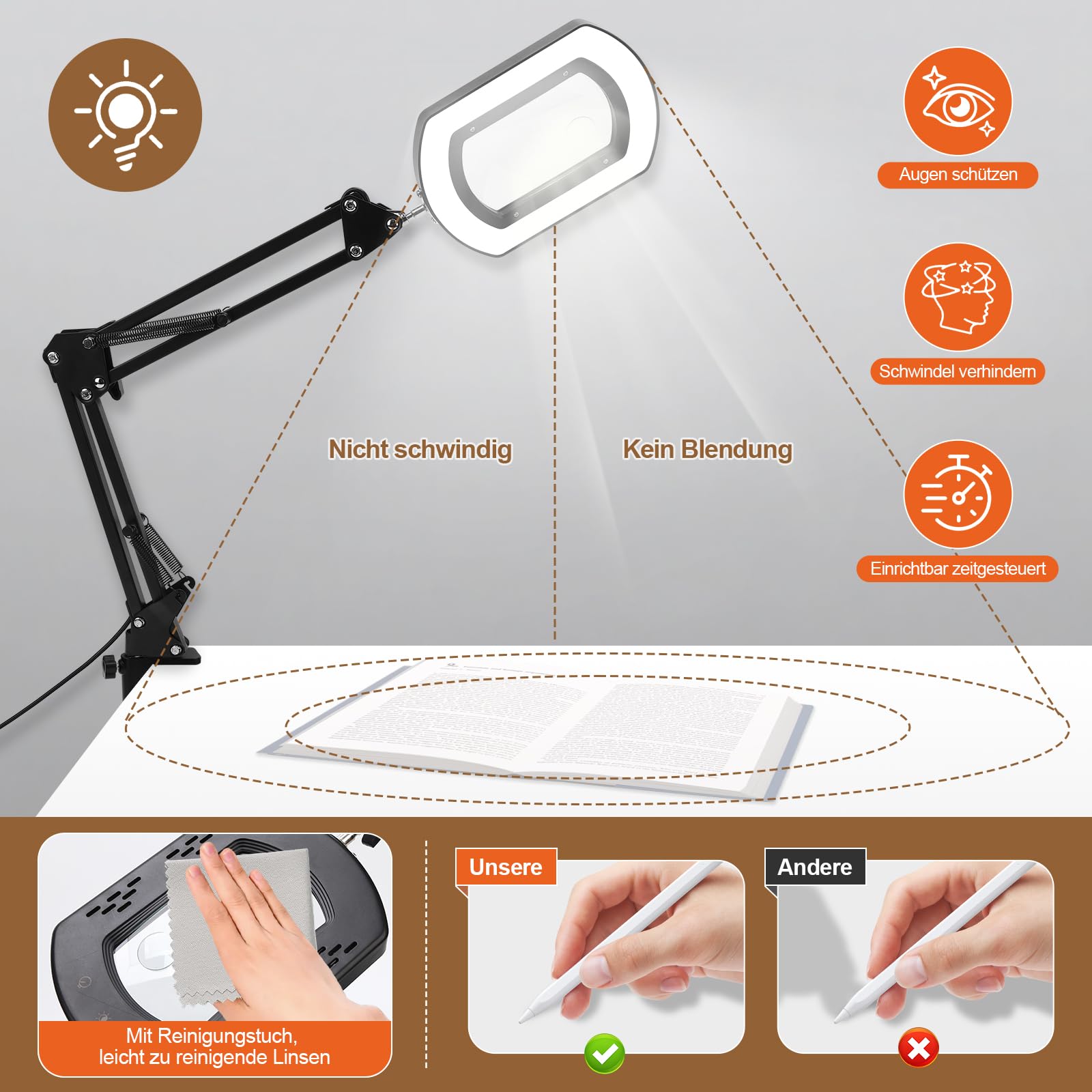15X 30X Tischlupe mit Licht und Ständer, 5 Farbmodi Stufenlos Dimmbar, 2-in-1 Schreibtischlampe und Klemme, Händefrei Standlupe mit Licht ür Handwerk Hobby Malerei Schließen Arbeit