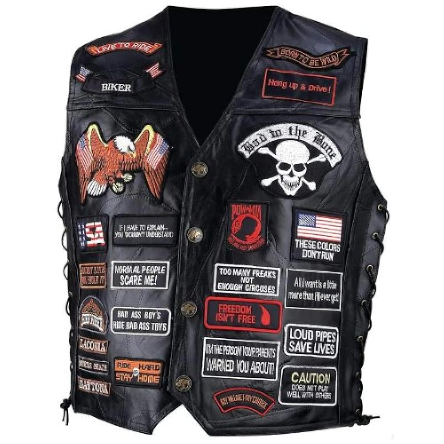 diamond plate Rock Design Genuine Buffalo Leather Biker Vest with 42 Patches- 2X-picture-17