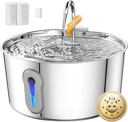 Fuente de agua para gatos de acero inoxidable, dispensador automático de agua para perros de 135 oz/4 litros con bomba ultra silenciosa y 2 filtros