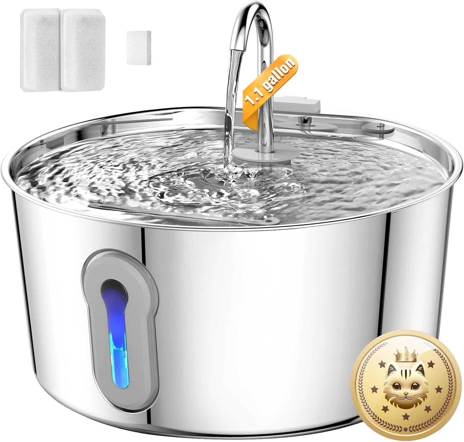 Stainless Steel Cat Water Fountain, 135oz/4L Automatic Pet Fountain Dog Water Dispenser with Ultra-Quiet Pump & 2 Replacement Filters & for Cats Inside, Dogs, Multiple Pets