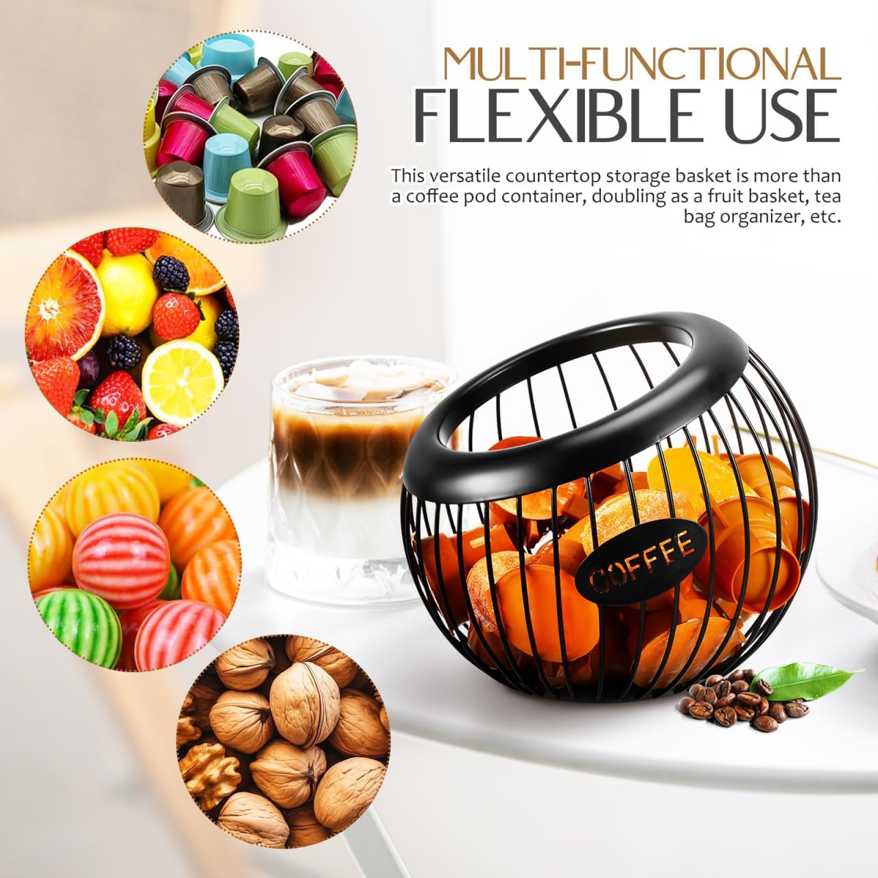 Black Iron Coffee Pod Holder Countertop Organizer Basket for Coffee, Tea Bags, Fruits - 8.26 X 8.26 X 6.88 Inches, Multi-Functional Kitchen Storage Solution