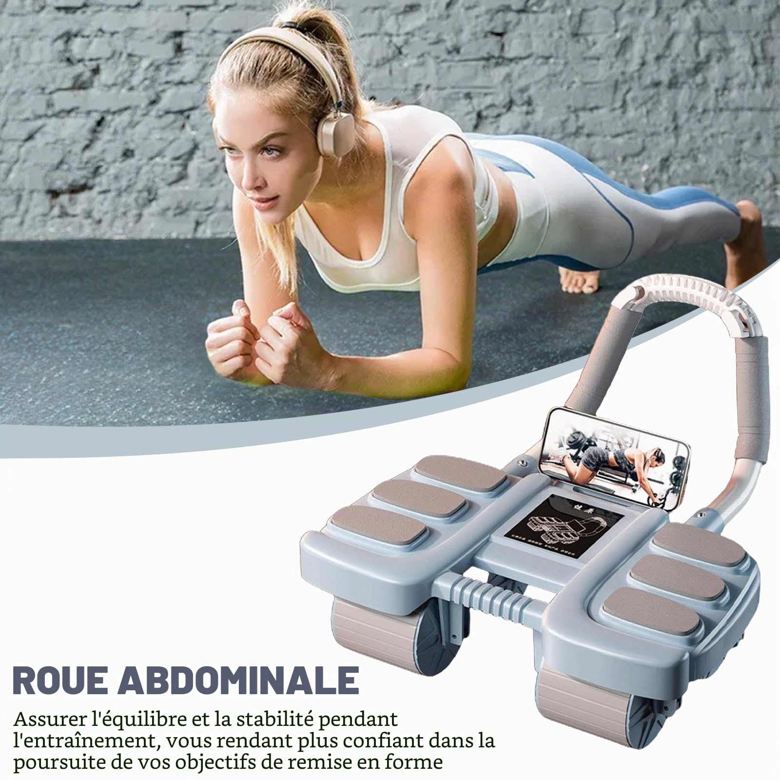 Roue abdominale d'entraînement à rebond automatique, roue abdominale avec support de coude, roue ventrale saine avec support de téléphone pour la maison, le fitness, la salle de sport