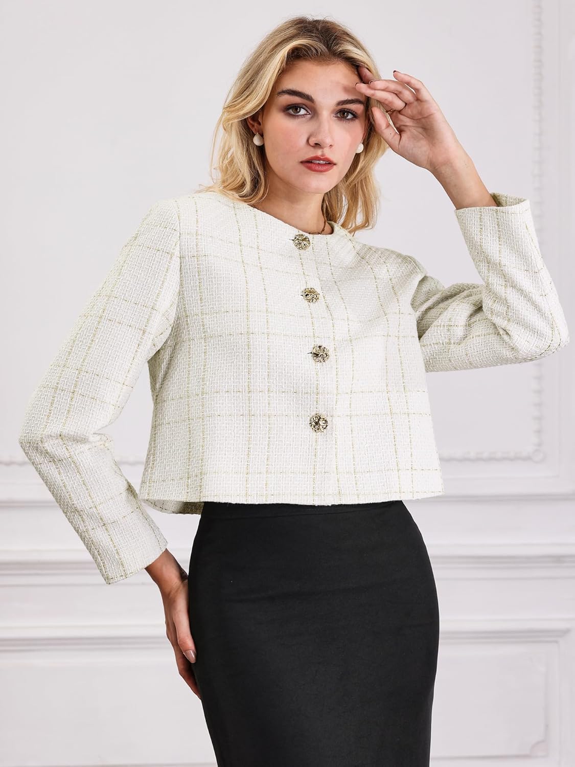 Women's Collarless Blazer Plaid Button Front Crop Tweed Jacket - Image 3