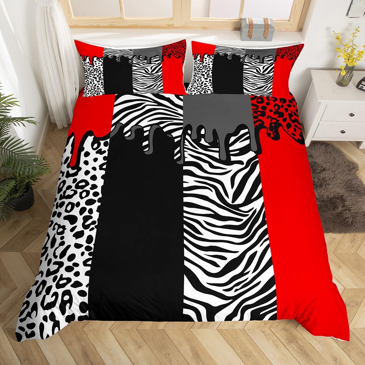 Feelyou Leopard Bedding Set for Girls Boys Kids Queen Size Red Black White Cheetah Comforter Cover Set Room Decorative Animal Print Duvet Cover Safari Zebra Bedspread Cover 3Pcs Bedclothes