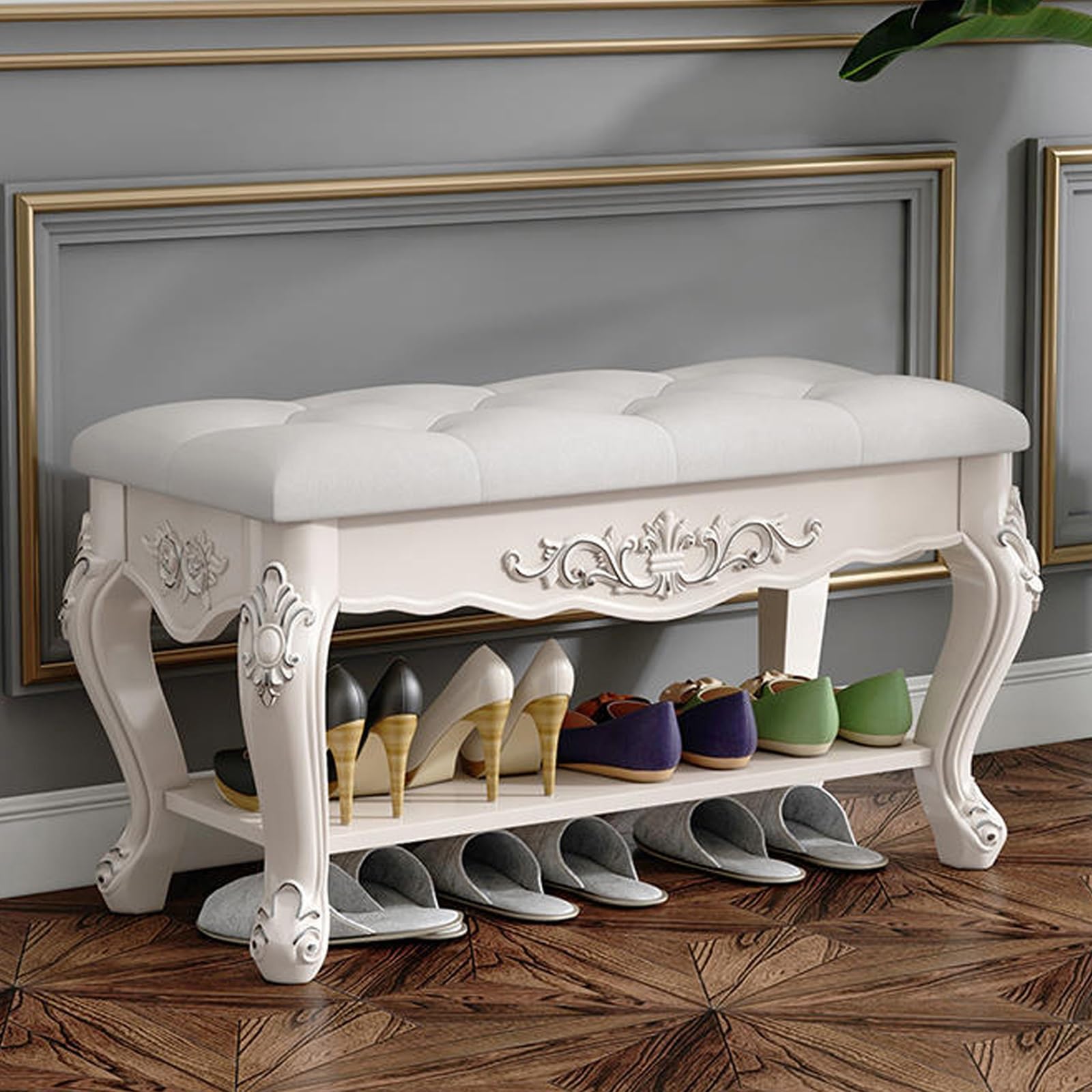 Rangement chaussures à couvercle ouvrable et banc rembourré blanc