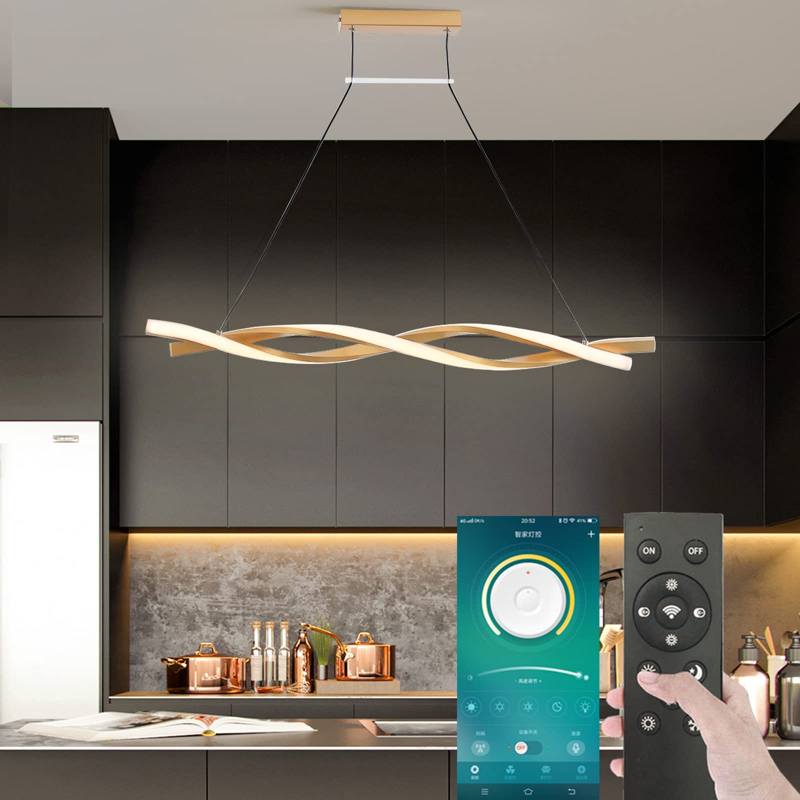 Modern LED Pendant Light, Linear Chandelier Ceiling Lights with Adjustable Cord Hanging Pendant Lighting, Smart Home APP Remote Control LED Acrylic Wave Pendant Light Golden