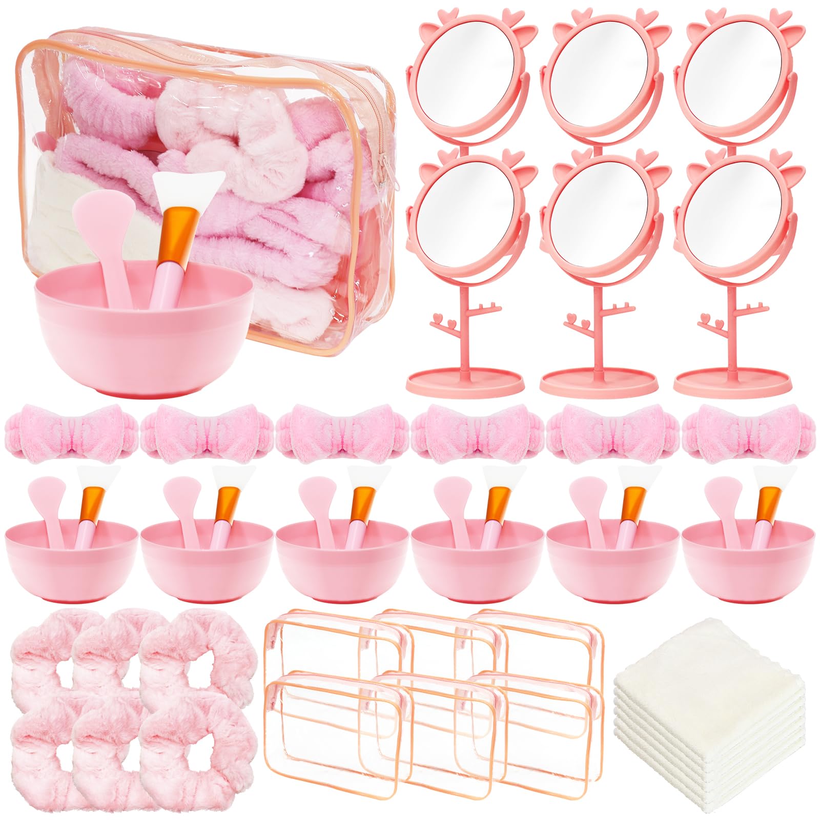 Lot de 6 Kits Spa Rose, 48 Accessoires Beauté pour Soirée Pyjama Fille | 6 Trousses, 6 Bols, 6 Pinceaux, 6 Spatules, 6 Miroirs, 6 Bandeaux, 6 Chouchous et 6 Serviettes pour Anniversaires et Cadeaux