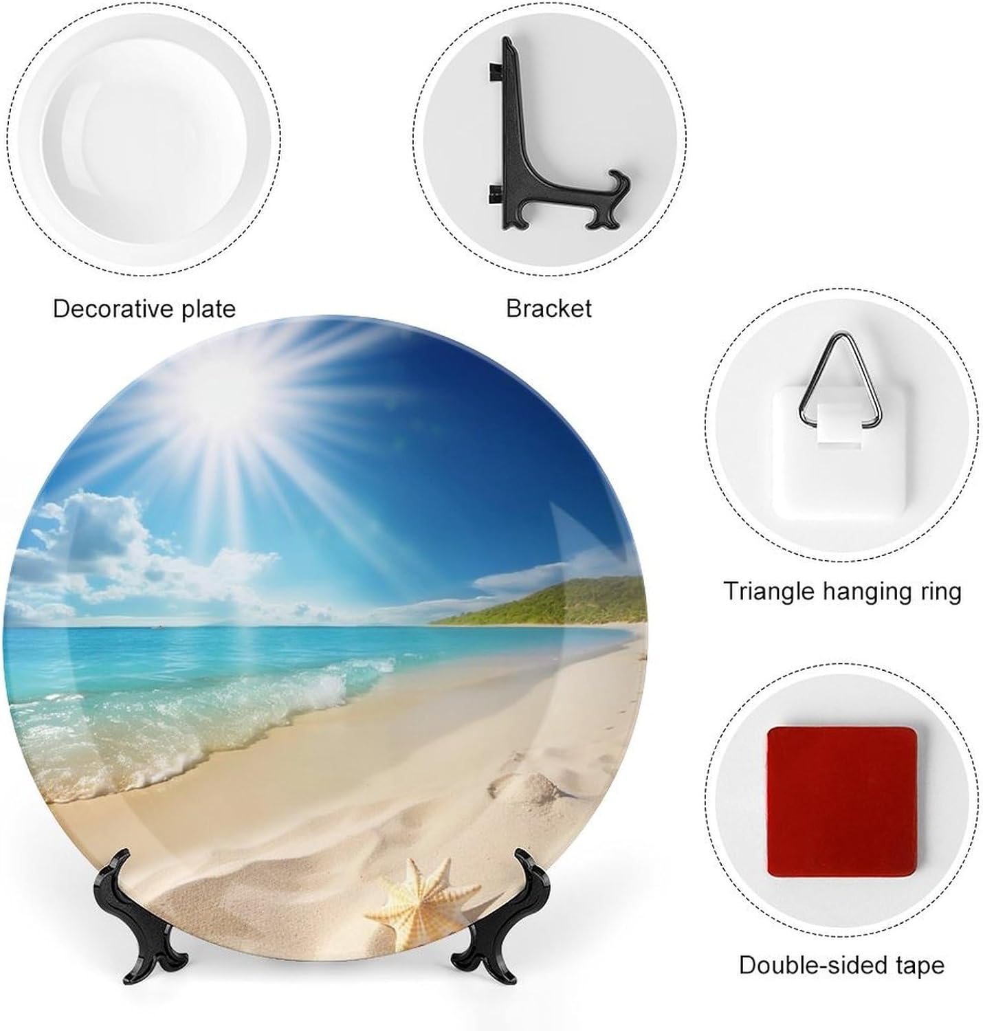 Bright Sunshine Summer Beach Ceramic Plate 10inch Decorative Bone China Wall Hanging Ornament Plates Bohemian Style Dinner Plate with Display Stand Cabinet Display Plates for Home Art Decor