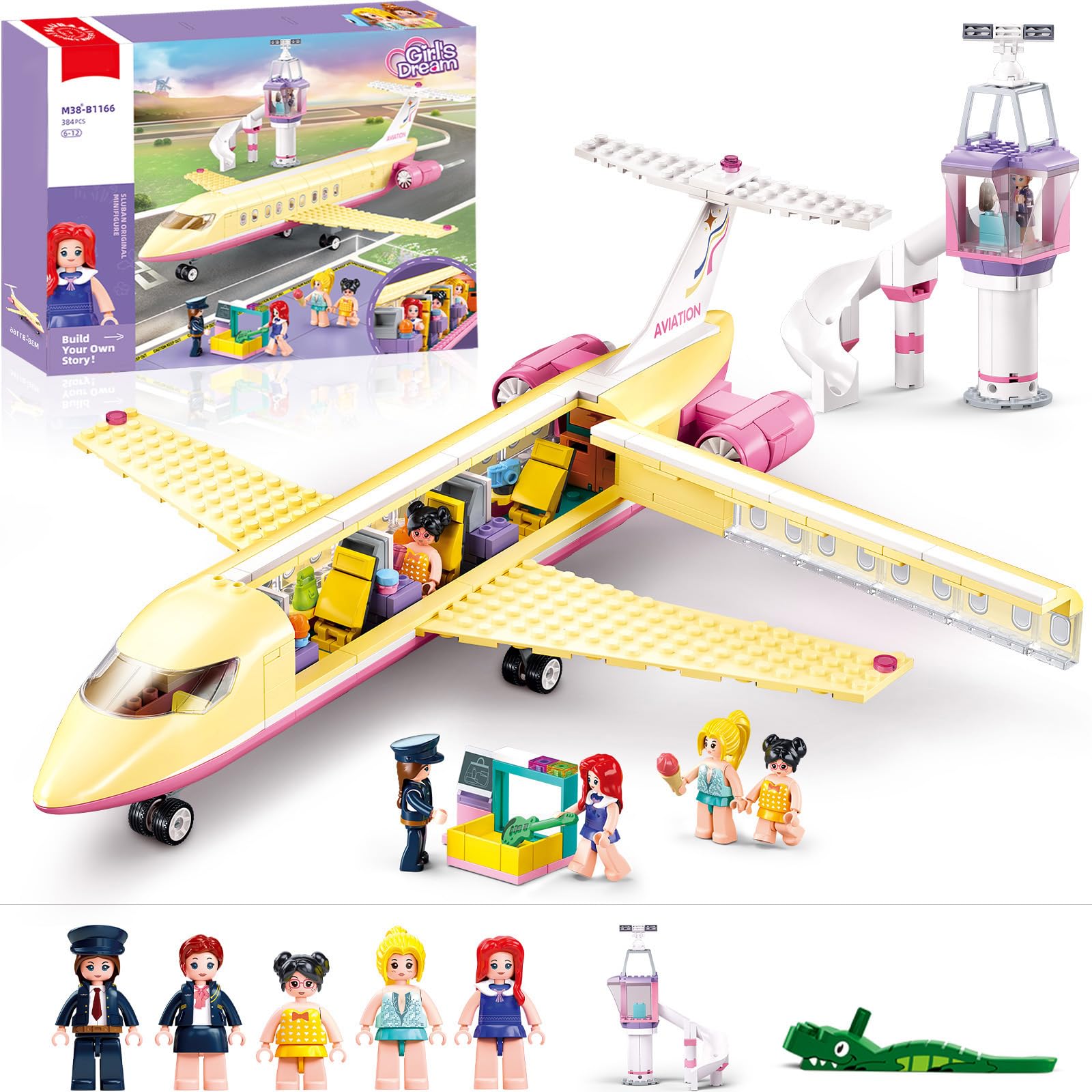 Airplane Building Set for Girls 8-12, Airport Plane Kit Compatible with Lego Friends, Control Tower, Security Check Machine, 5 Minifigures,