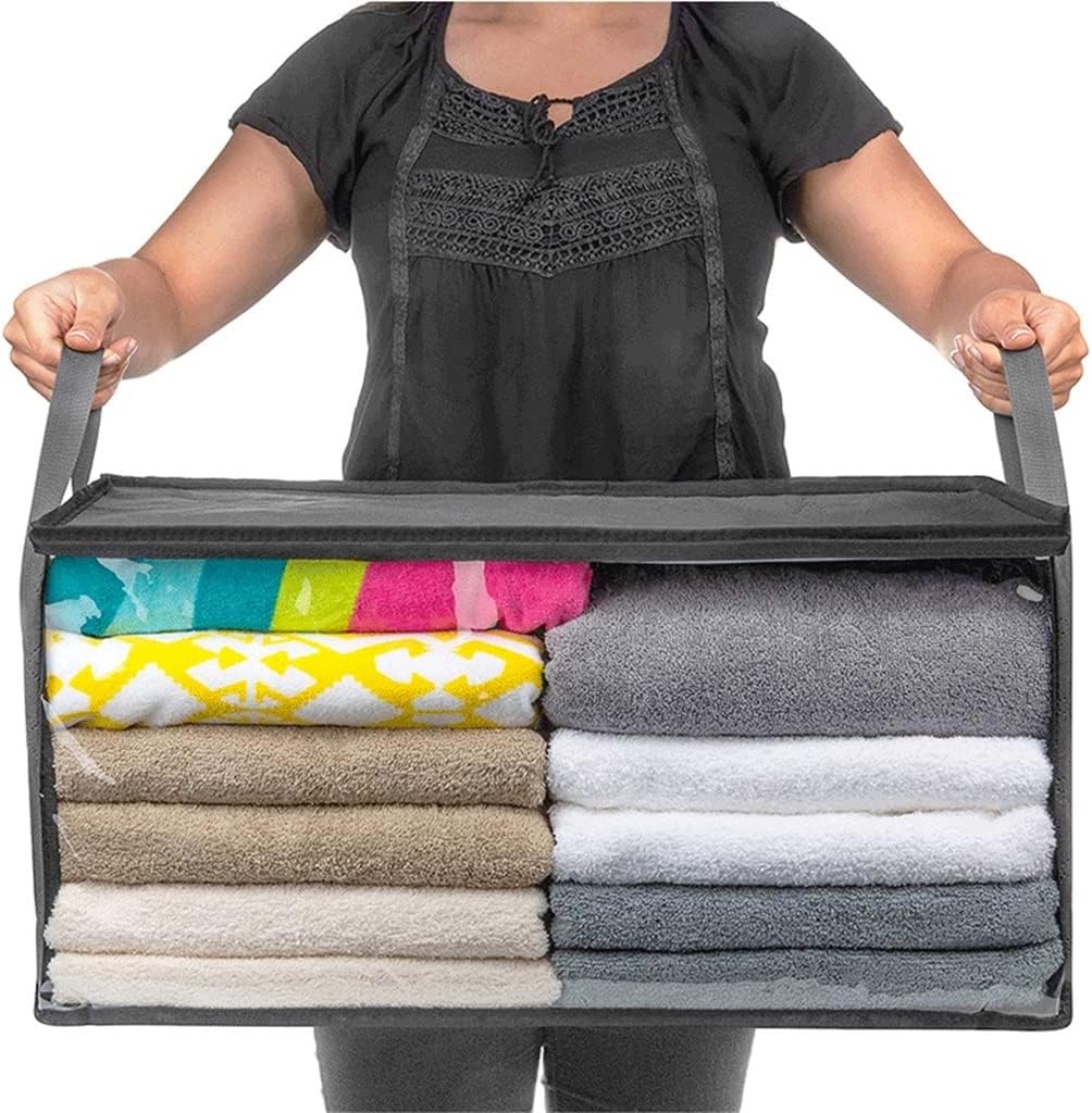 CAZOY 3 Pieces Grey Storage Bags Large Capacity, Foldable Clothes Closet Organizer Containers with Window, Under-Bed Storage Bins for Clothing Blanket Pillows