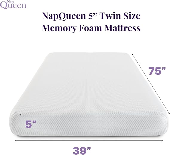 NapQueen 5 Inch Twin Memory Foam Mattress, Medium Feel, CertiPUR-US Certified, Bed in a Box, Breathable Soft Fabric Cover, White