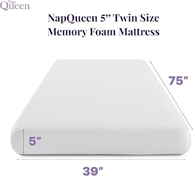 NapQueen 5 Inch Twin Memory Foam Mattress, Medium Feel, CertiPUR-US Certified, Bed in a Box, Breathable Soft Fabric Cover, White