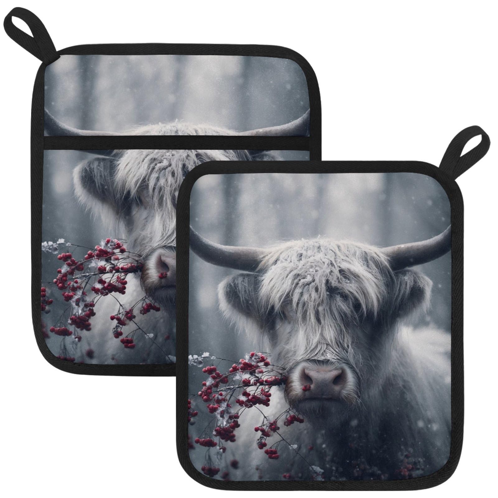 VAPOKF Snow Highland Cattle Pot Holder, Heat Resistant Oven Cloths, Potholders & Oven Gloves, for Kitchen Cooking & Baking, Thick & Safe, Protection of Hands From Hot Utensils