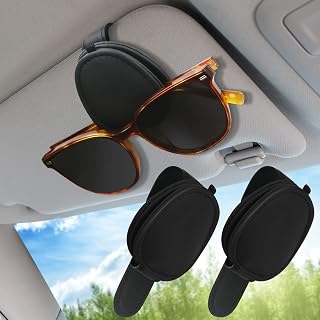 Sunglasses Holder for Car, [Newest] Hogrzinne 2 Pack Car Sunglasses Holder Clip Magnetic Leather, [One Hand Operation] Sunglasses Clip for Car Visor Fit All Glasses, Car Accessories Essentials, Black