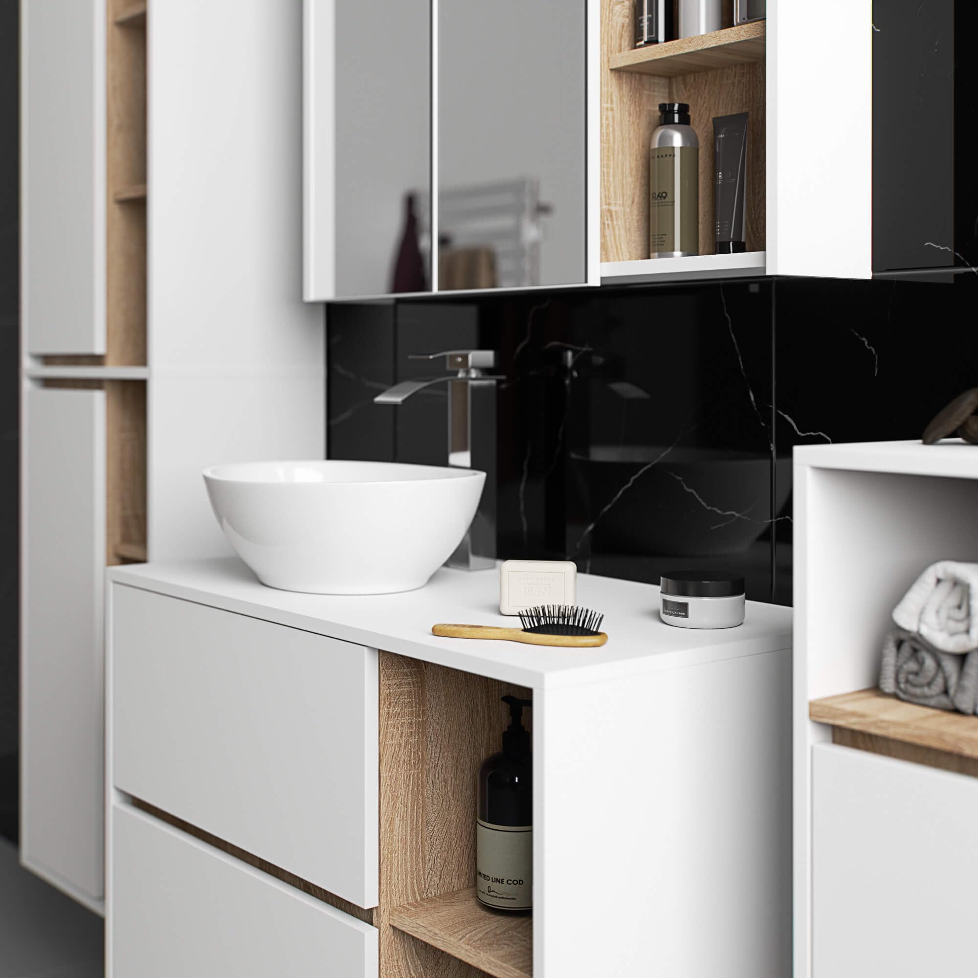 AKORD Colonne Salle de Bain Suspendue VAMI W50 - Meuble Mural 2 Portes, 10 Étagères - Rangement pour Cosmétiques et Serviettes, Fixation Murale - 50x170x30 cm - Blanc & Chêne Sonoma