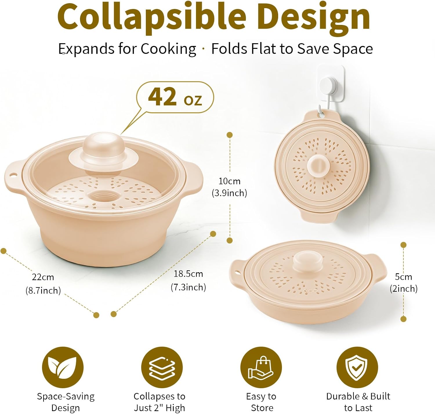 Collapsible Silicone Microwave Vegetable Steamer, 42oz Microwave Steamer with Lid & Removable Steam Rack, BPA-Free Small Steam Pot for Vegetables, Dumplings, Seafood – Dishwasher & Freezer Safe-Beige image 4