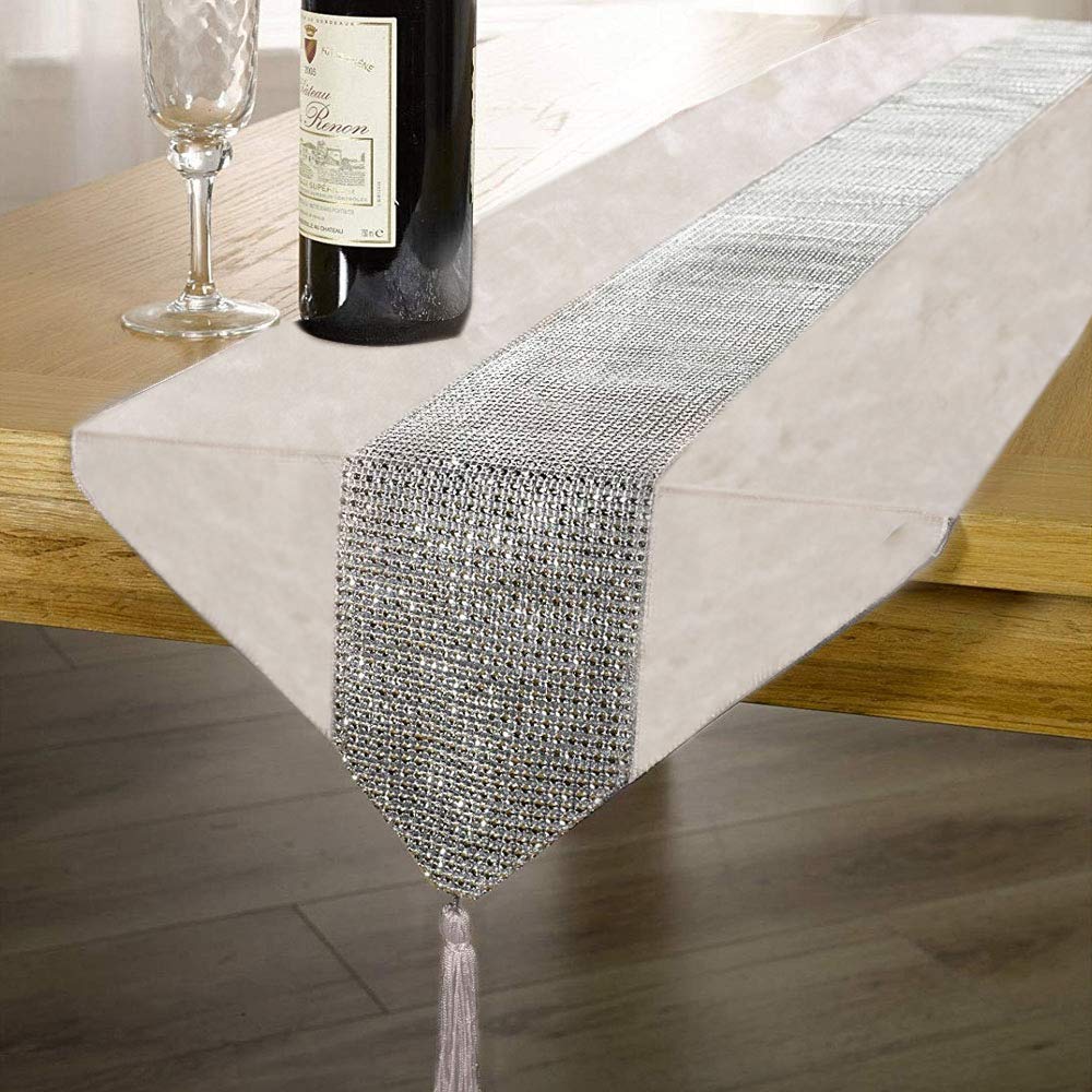 Time to Sparkle Luxury Velvet Diamante Table Runner Thick Velvet Chenille Satin Tasseled Christmas Xmas (ivory, Runner 31x183cm)