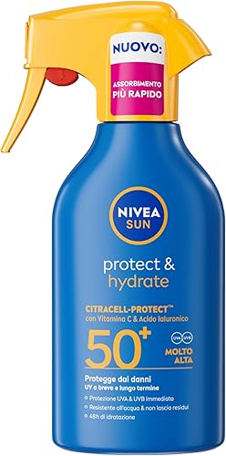 NIVEA SUN Protect & Hydrate Maxi Spray Solare SPF 50+ 270 ml, Crema solare 50 spray idratante 48h ad assorbimento rapido, Protezione solare 50+ resistente all'acqua con Vitamina C e Acido Ialuronico