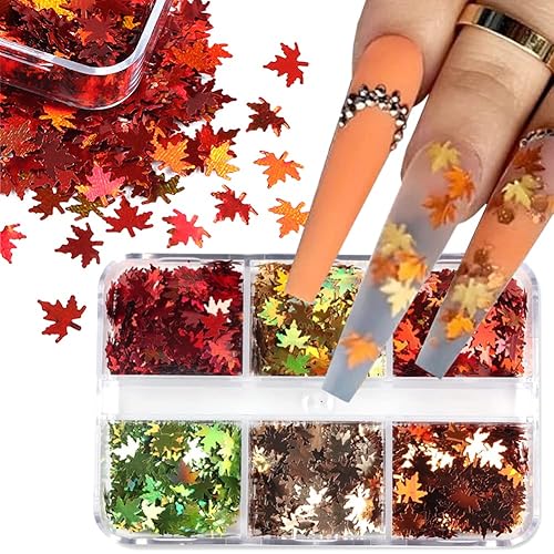 6 Grids Holographic Maple Leaf Nail Sequins,Fall Nail Art Stickers