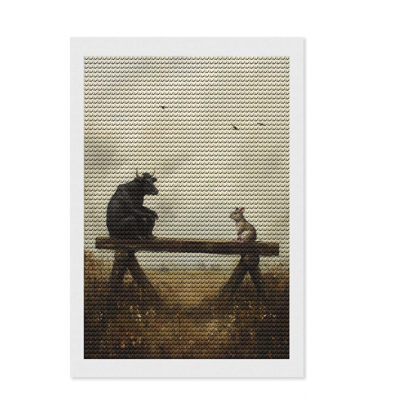 Junmoney Bull and Mouse on Bench DIY Diamond Art Canvas Kit 8"x12", for Family Craft Time, Relaxing DIY Hobby, Modern Decor, Festive Craft Gift