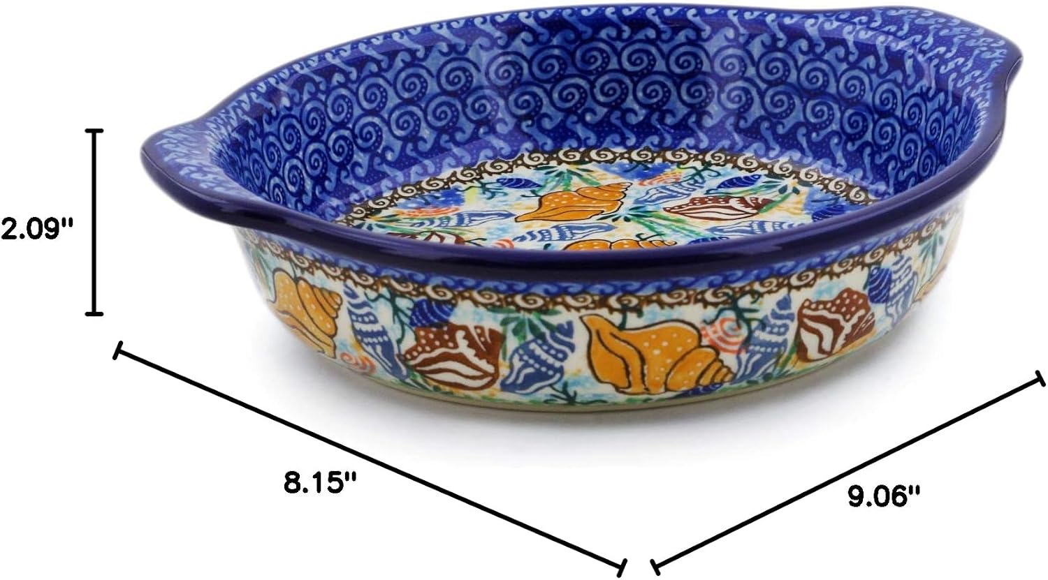 Polmedia Polish Pottery Round Baker with Handles UNIKAT - Ocean Whisper Pattern Handmade in Boleslawiec Poland by Ceramika Artystyczna + Certificate of Authenticity
