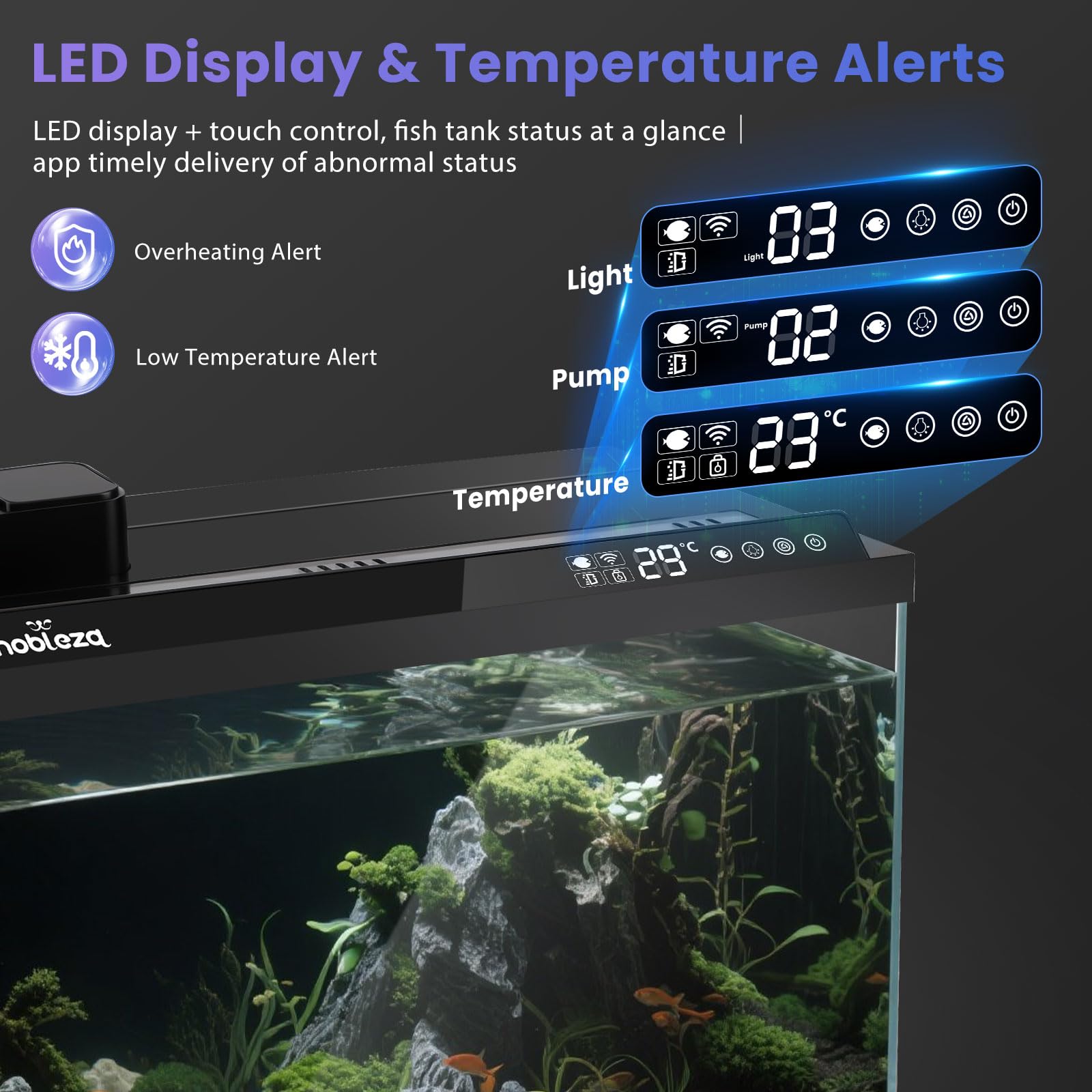 Nobleza Acquario Smart 30L, Set Completo WiFi con App e Cambio Acqua Rapido | Vasca da 30L in vetro ultra-chiaro con controllo smart, pompa a 3 stadi, mangiatoia automatica e luci a 6 modalità per uffici