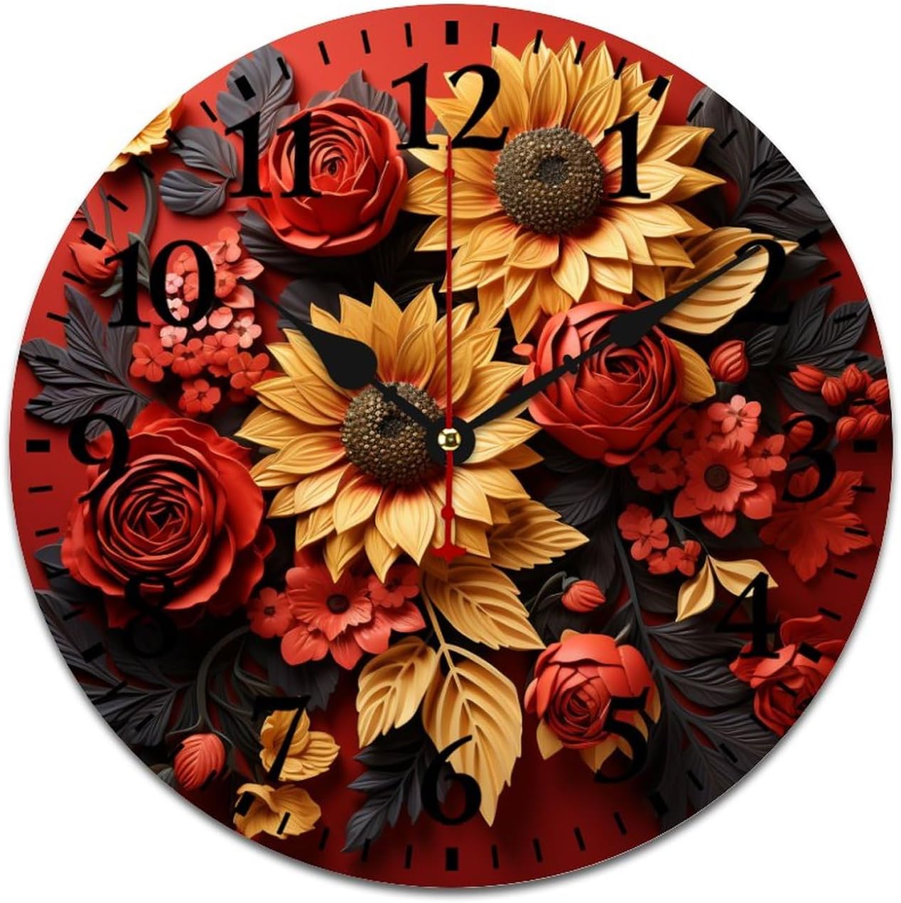 Sunflower Floral Red Wall Clock Shabby Chic Vintage Red Sunflower Wooden Hanging Clock Silent Non-Ticking Home Office Arabic Numeral 12 Inch Round Christmas Birthday Gift for Friends Family