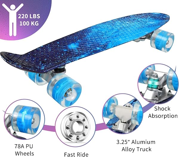BELEEV Skateboard Complet Mini Cruiser pour Enfants 56cm, Adolescents, Adultes, Roues Lumineuses LED avec Clé de Type T, Tout-en-Un pour Filles Garçons Débutants - 4
