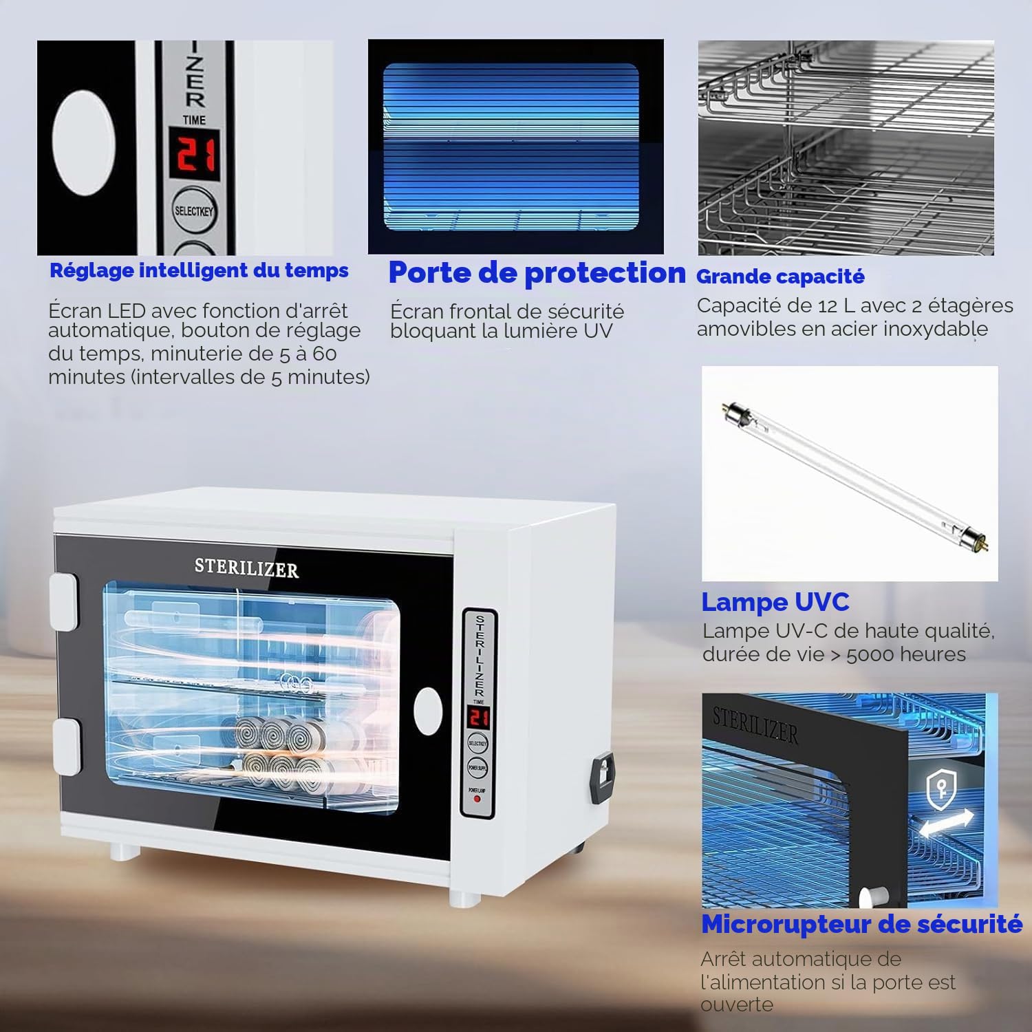 Stérilisateur UV,sterilisateur materiel onglerie haute capacité 12L,Efficace Stérilisateur UV avec réglage de la minuterie,professionnel stérilisateur à lumière LED pour la maison,le salon de coiffure