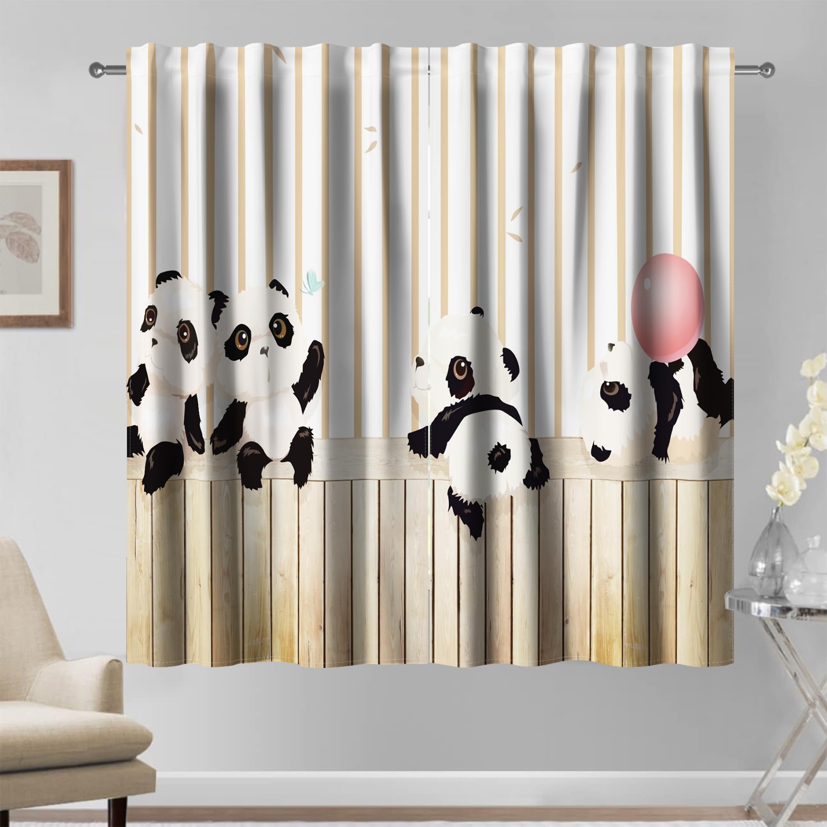Kzzfqxb 117x138cm Kids Curtains 2 Panels, Adorable Naughty Baby Pandas Climbing Bamboo Fences Rod Pocket Window Drapes