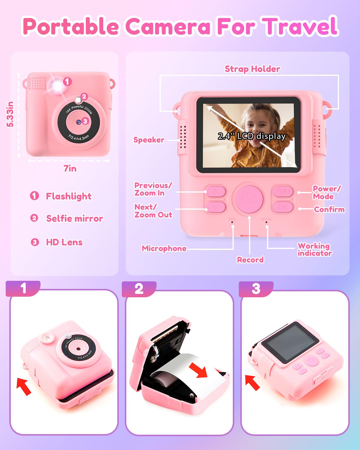 YORKOO Kids Instant Camera with Photo Paper, 1080P HD Digital Camera for Girls, Creative Gift for Children Age 4-10, Video Recorder, 32GB SD Card - Pink — view 7