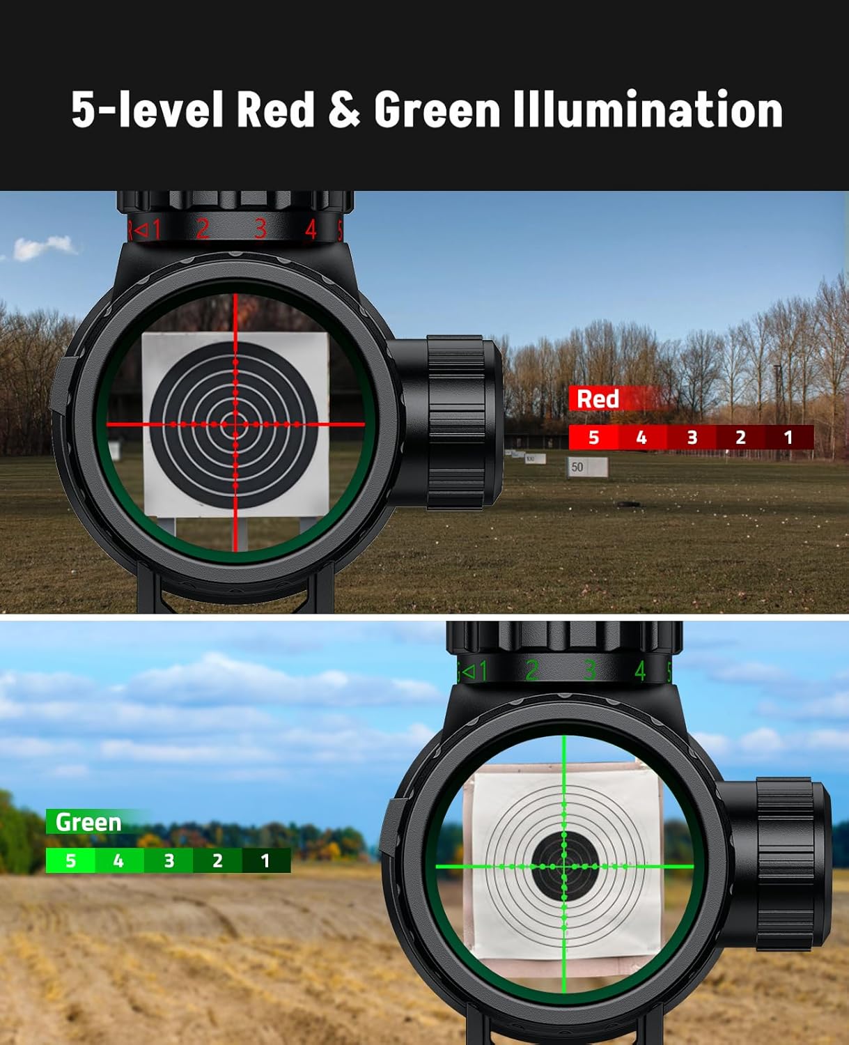 MidTen 6-24x50 AO Rifle Scope for Hunting - Red and Green Illuminated Long Range Scope - 1 inch Tube SFP with Rings