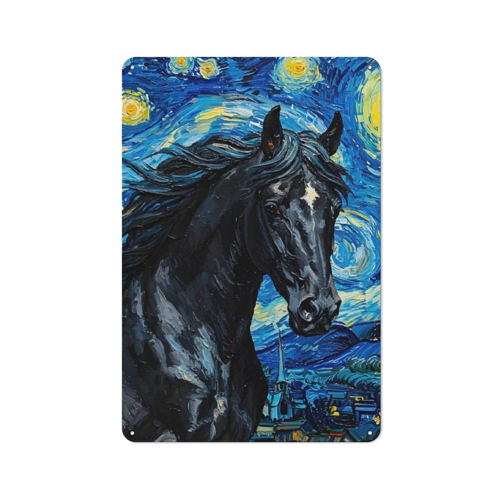 Junmoney Horse In Starry Night Style 30X20cm Rustic Metal Sign With For Hobby Room Or Studio, Metal Sign Decor For Hobby Rooms And Studios