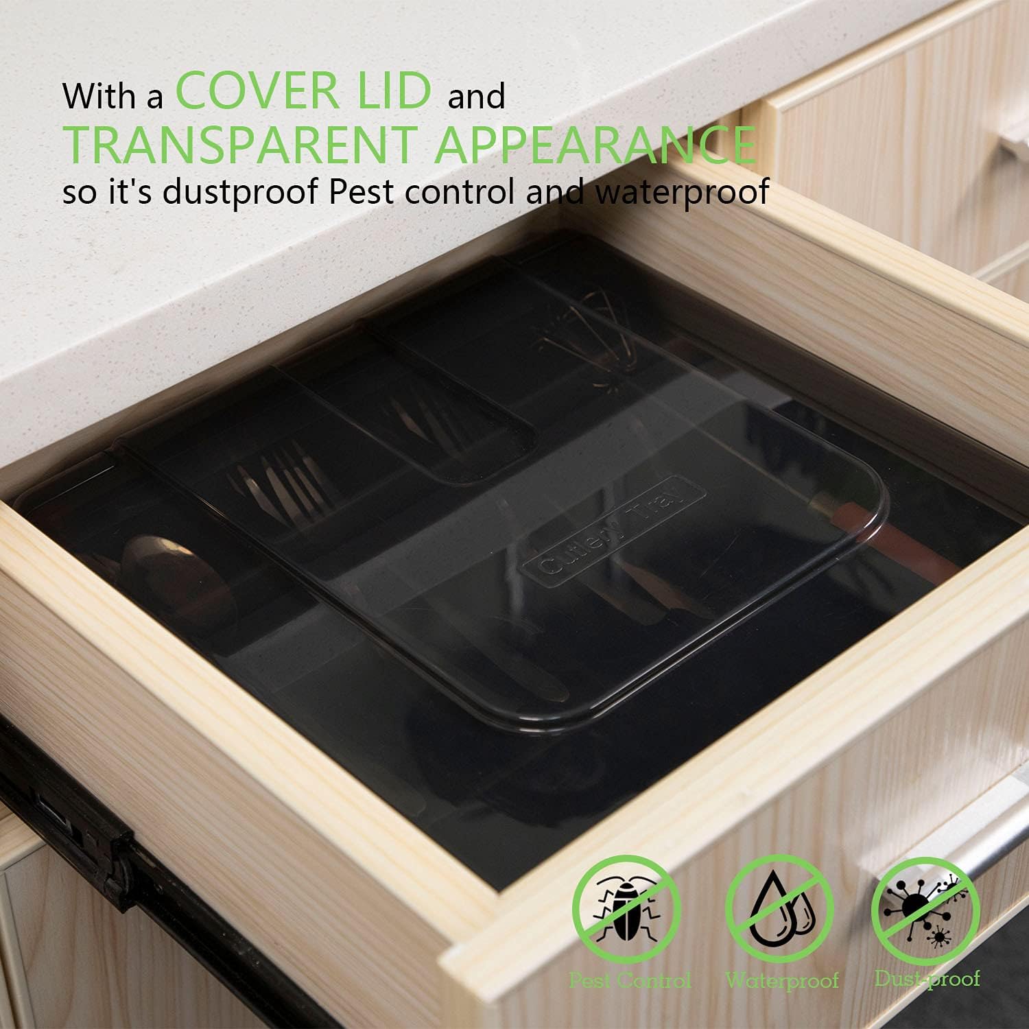 Silverware Tray with Lid, Utensil Drawer Organizer for Kitchen Countertop Plastic Flatware Organizers and Storage holder 5 Compartments Black