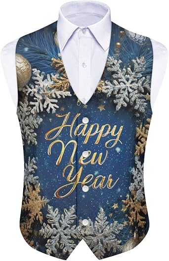 Happy New Year Vest for Men V Neck Button up Suit Vest with Back-Belt