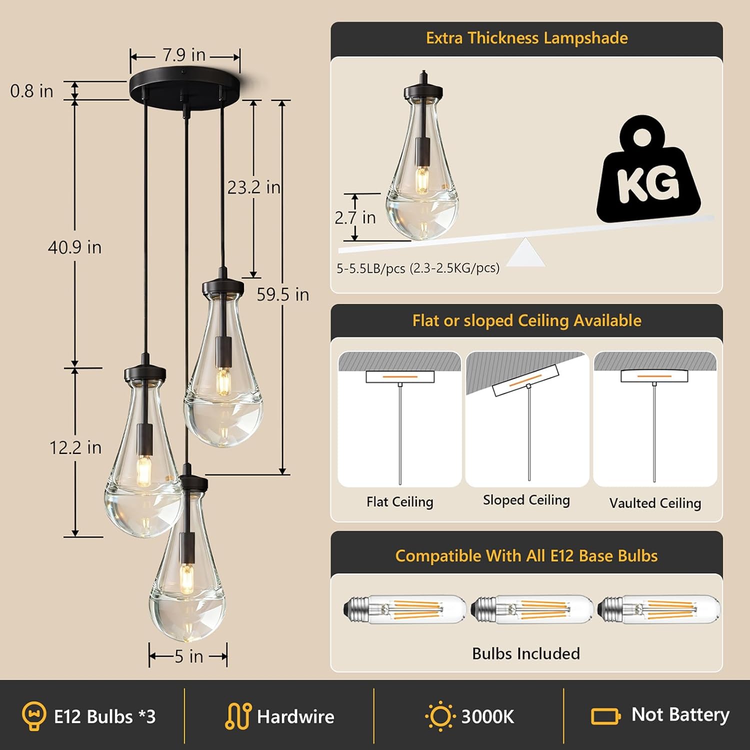 Raindrop Pendant Light Kithcen Island, Raindrop Chandelier Black Teardrop Pendant Lights with Adjustable Hanging Rope,Glass Pendant Light for Dining Room,Corridor (3-Light),Bulb Included