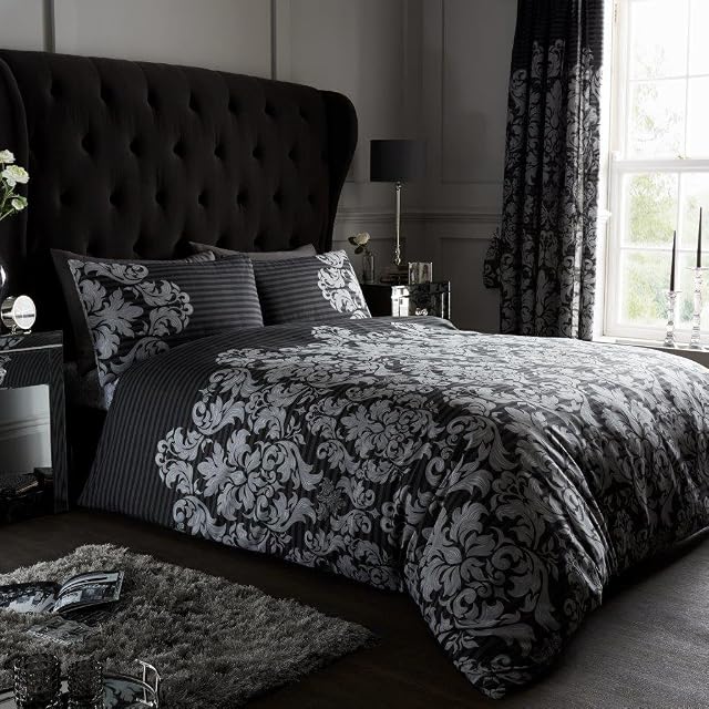GC GAVENO CAVAILIA Damask Bedding Double Bed Set - Flower Duvet Cover - Comforter Covers With Pillow Cases - Black
