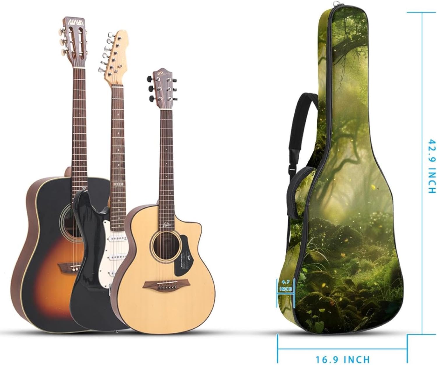 40 41 42 Inch Guitar Bags, Waterproof Padded Acoustic Guitar Case Backpack with Adjustable Shoulder Strap & Pockets, Natural Scenery Forest Pattern