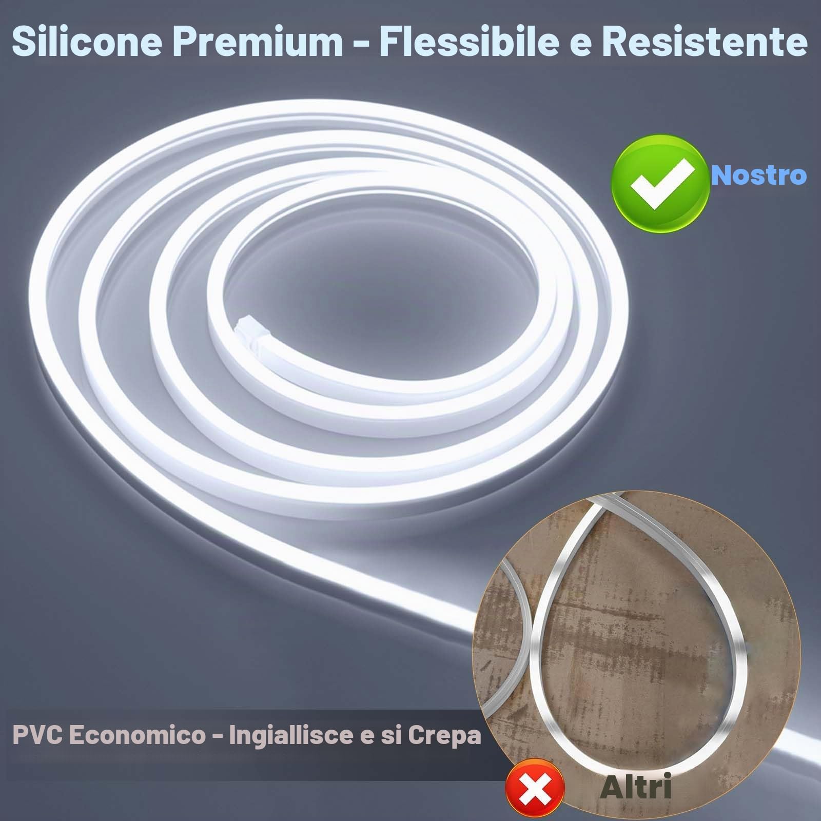 Striscia LED Neon 10M Dimmerabile 1200LED Bianco Freddo 6500K | 24V Luce Neon LED IP65 Impermeabile in Silicone Flessibile per Cucina Camera Giardino Decorazione Interna ed Esterna
