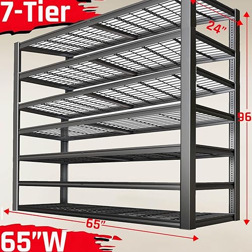 Miniatura 2 de Estantería de garaje resistente de 7 niveles, estantes de almacenamiento profundos de 65 pulgadas de ancho, estantes de garaje de metal negro,