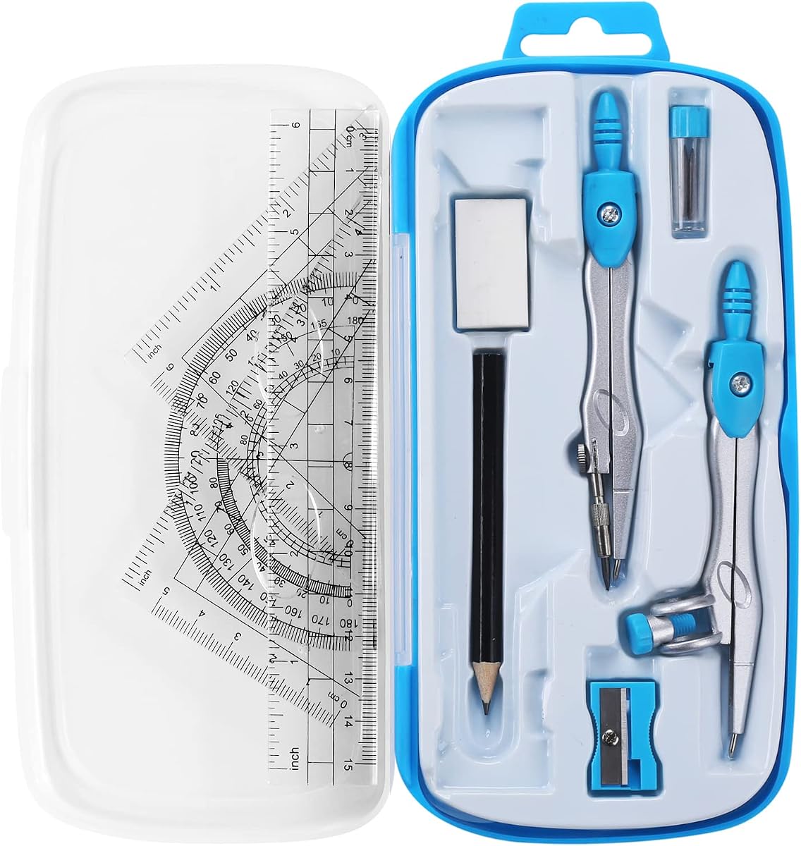Unjoo Math Geometry Set 10 Pcs, Compass and Protractor for Students(Blue) | Shatterproof Storage Box,Rulers,Protractor,Compass,Eraser,Pencil Sharpener,Lead Refills,Pencil,for Classroom, Back to School