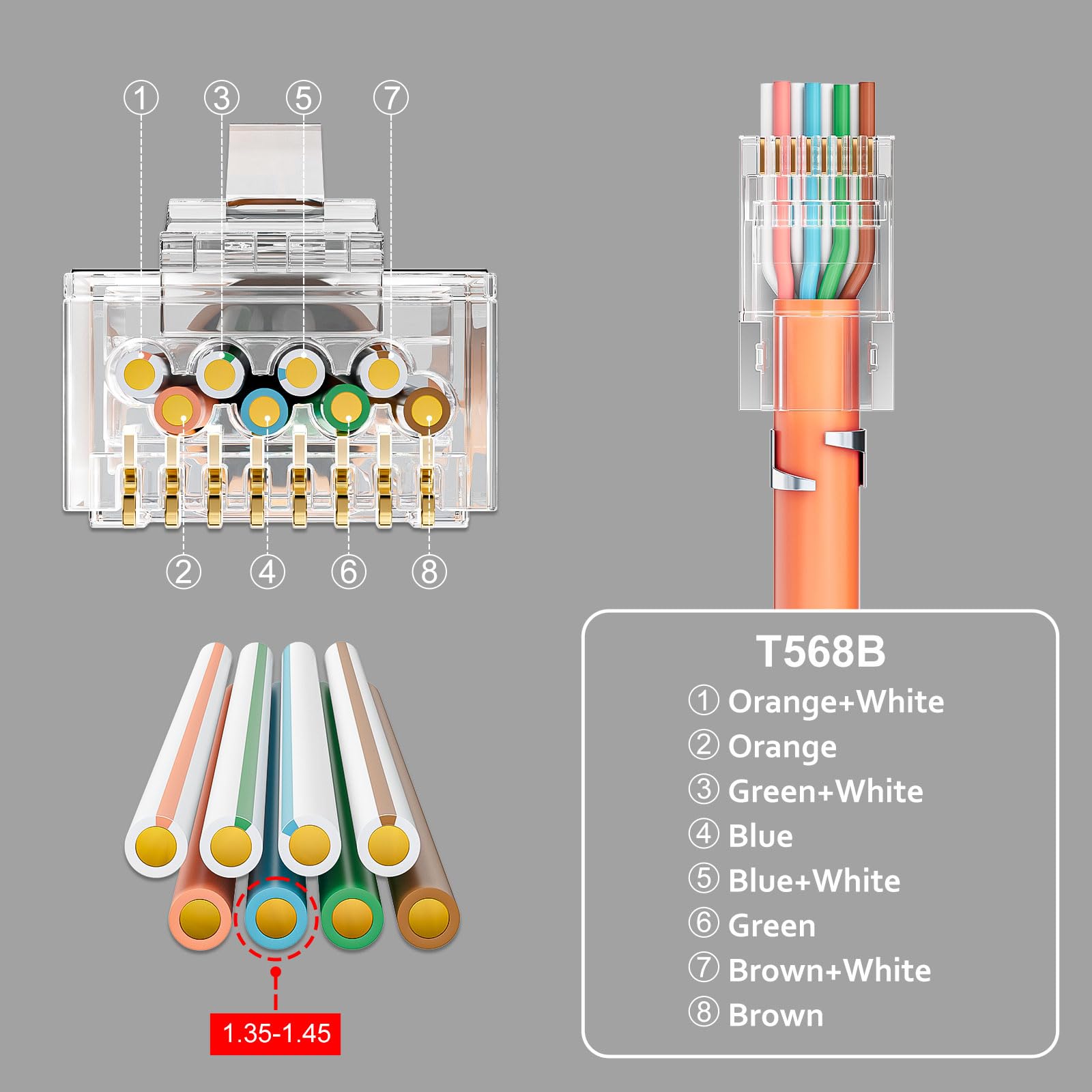 iwillink 100 connettori RJ45 CAT 7, placcati in oro a 50μ - schermati - Pass Through a 10 Gbps, connettori di rete Cat7 Cat6a con ausilio per l'inserimento del cavo e protezione anti-piegatura