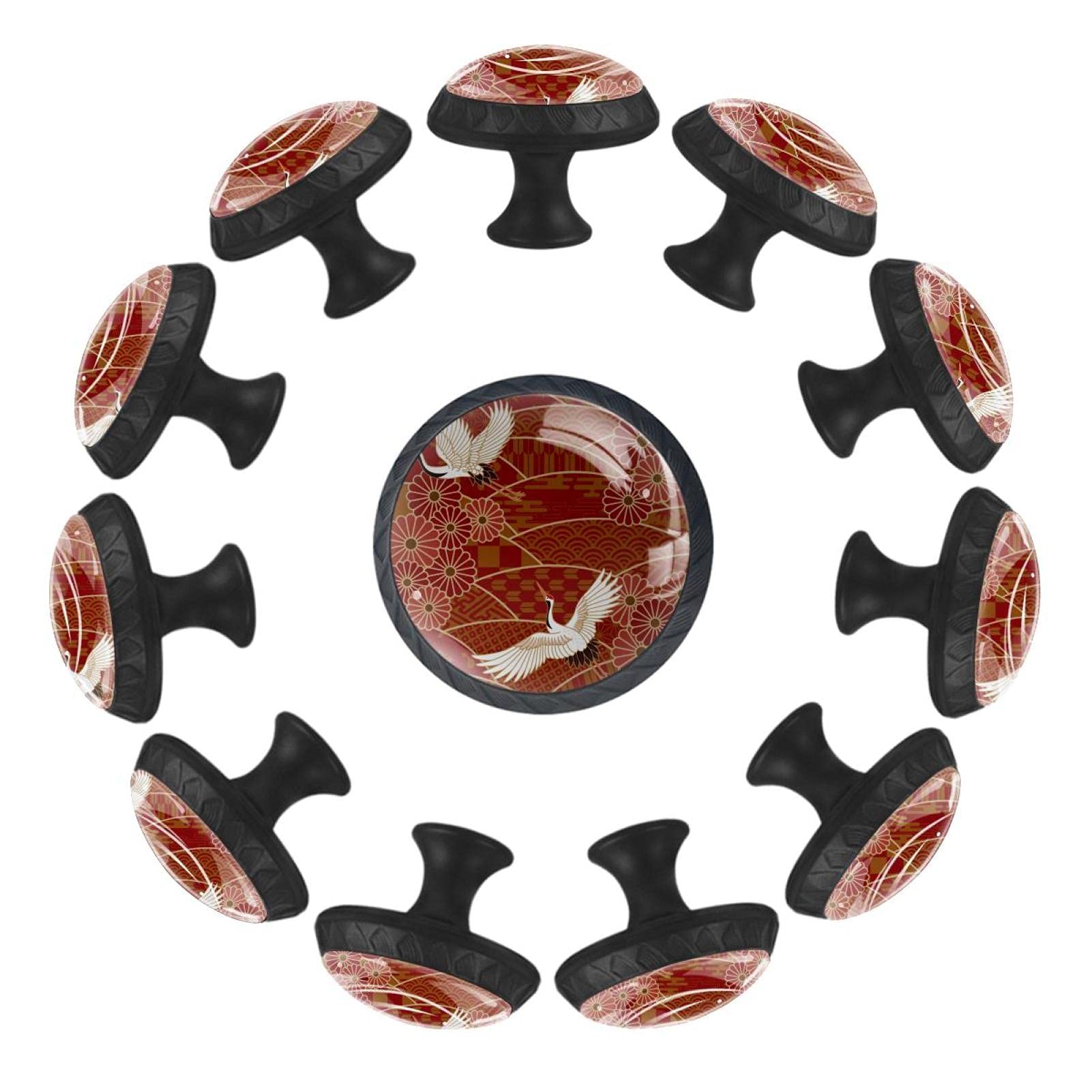 Boutons de tiroir commode usée : lot 12 poignées grues chrysanthèmes rouges 35mm