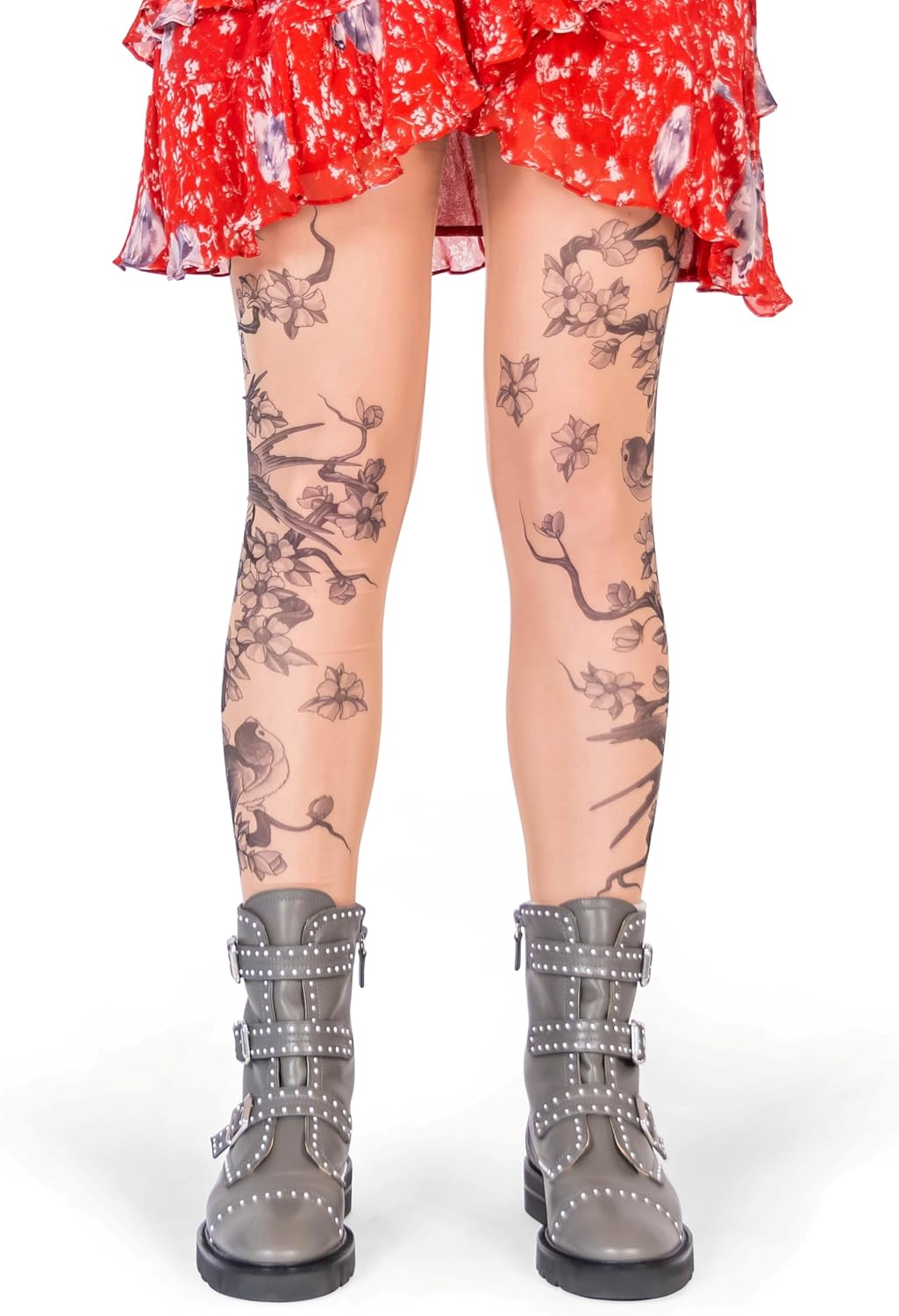 Wild Rose Ladies Grey Birds Tattoo Mesh Leggings Sparrow Irezumi Tree Greywork, Tan