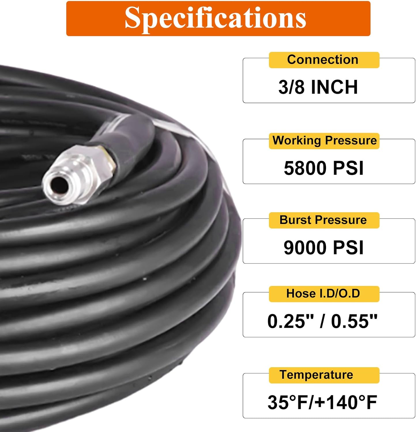 25ft Pressure Washer Hose, Power Washer Hose with 3/8 Inch Quick Connect,5800PSI Kink-Free Pressure Washer Extension Hose, Replacement Power Washer Hose for Gas Electric Pressure Washers