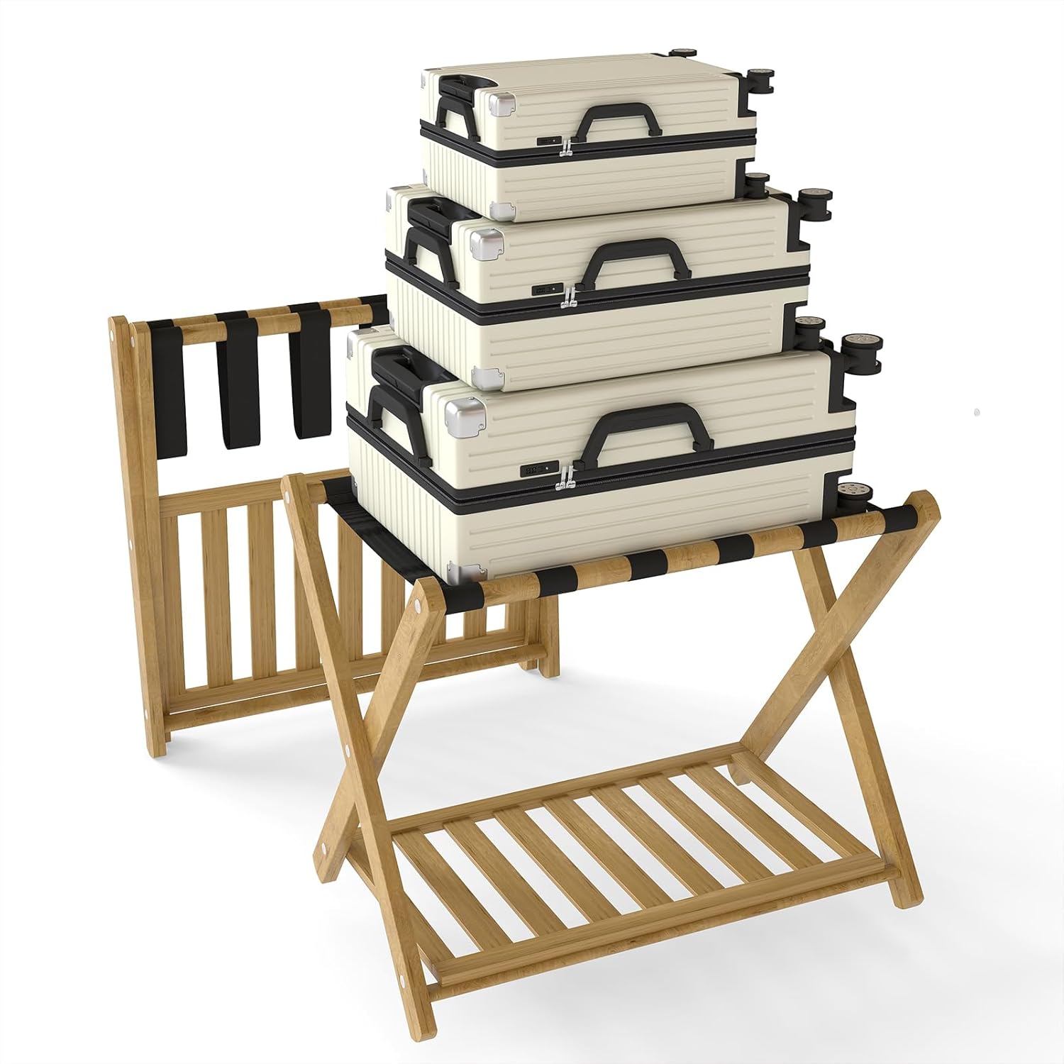 Folding Luggage Rack, 26'' Wood Suitcase Stand with X-Shape Design, Heavy-Duty Nylon Straps for Guest Room, Hotel, Bedroom (Natural wood)